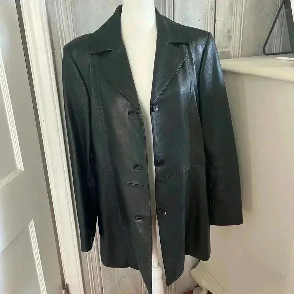 VALERIE STEVENS| Y2K black 100%leather blazer jacket button closure pockets|M - Picture 2 of 16